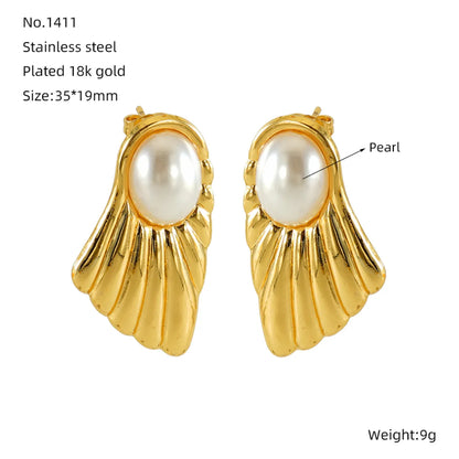 1 Pair Simple Style Sector Plating Inlay 304 Stainless Steel Pearl 18K Gold Plated Ear Studs