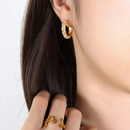 1 Pair Simple Style Shiny C Shape Plating Inlay Titanium Steel Artificial Pearls Rhinestones 18k Gold Plated Ear Studs