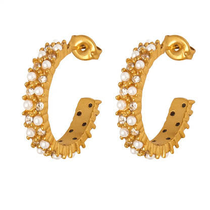 1 Pair Simple Style Shiny C Shape Plating Inlay Titanium Steel Artificial Pearls Rhinestones 18k Gold Plated Ear Studs