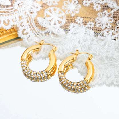 1 Pair Simple Style Shiny Circle Plating Inlay Titanium Steel Rhinestones 18k Gold Plated Earrings