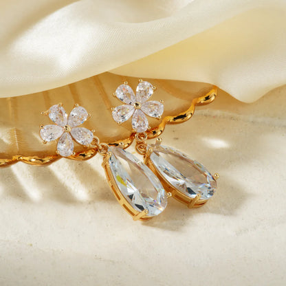 1 Pair Simple Style Shiny Flower Inlay Copper Zircon K Gold Plated Rhodium Plated Drop Earrings