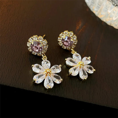 1 Pair Simple Style Shiny Flower Plating Inlay Copper Artificial Crystal 14k Gold Plated Drop Earrings