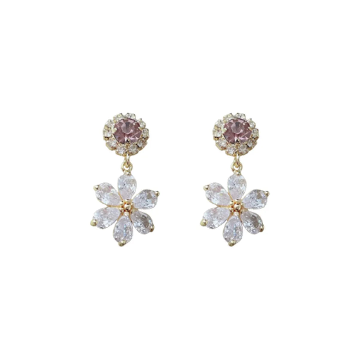 1 Pair Simple Style Shiny Flower Plating Inlay Copper Artificial Crystal 14k Gold Plated Drop Earrings