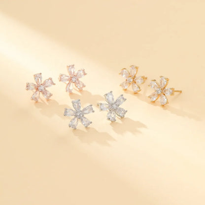 1 Pair Simple Style Shiny Flower Plating Inlay Copper Zircon Gold Plated Ear Studs