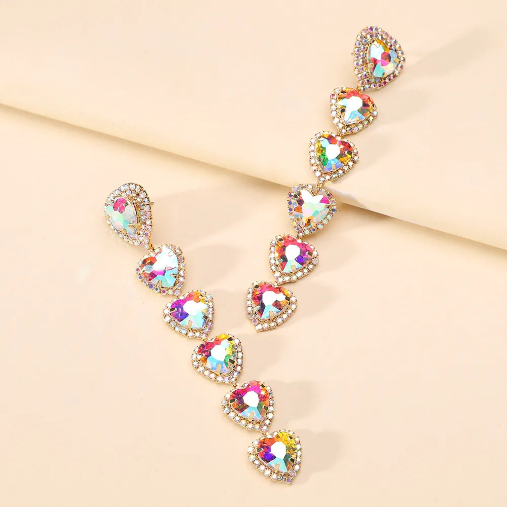 1 Pair Simple Style Shiny Heart Shape Inlay Alloy Glass Drop Earrings