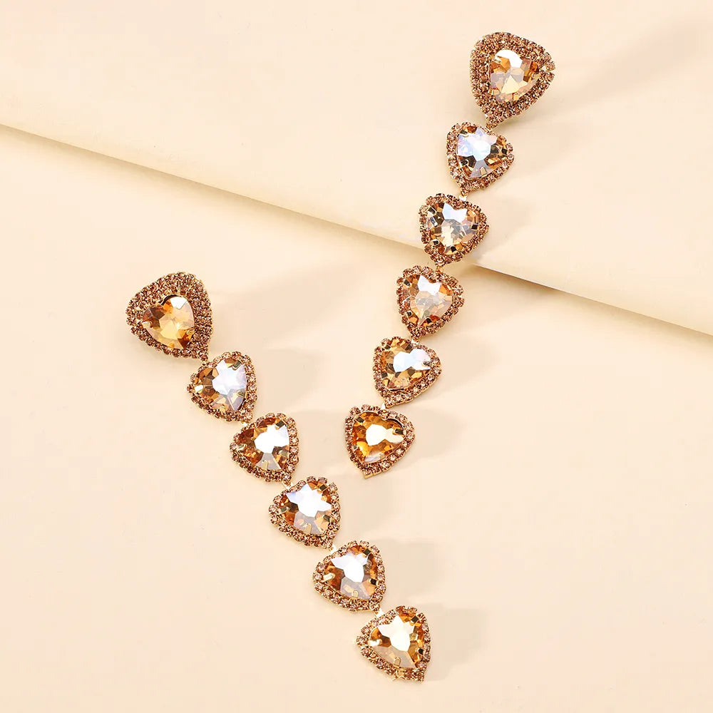 1 Pair Simple Style Shiny Heart Shape Inlay Alloy Glass Drop Earrings