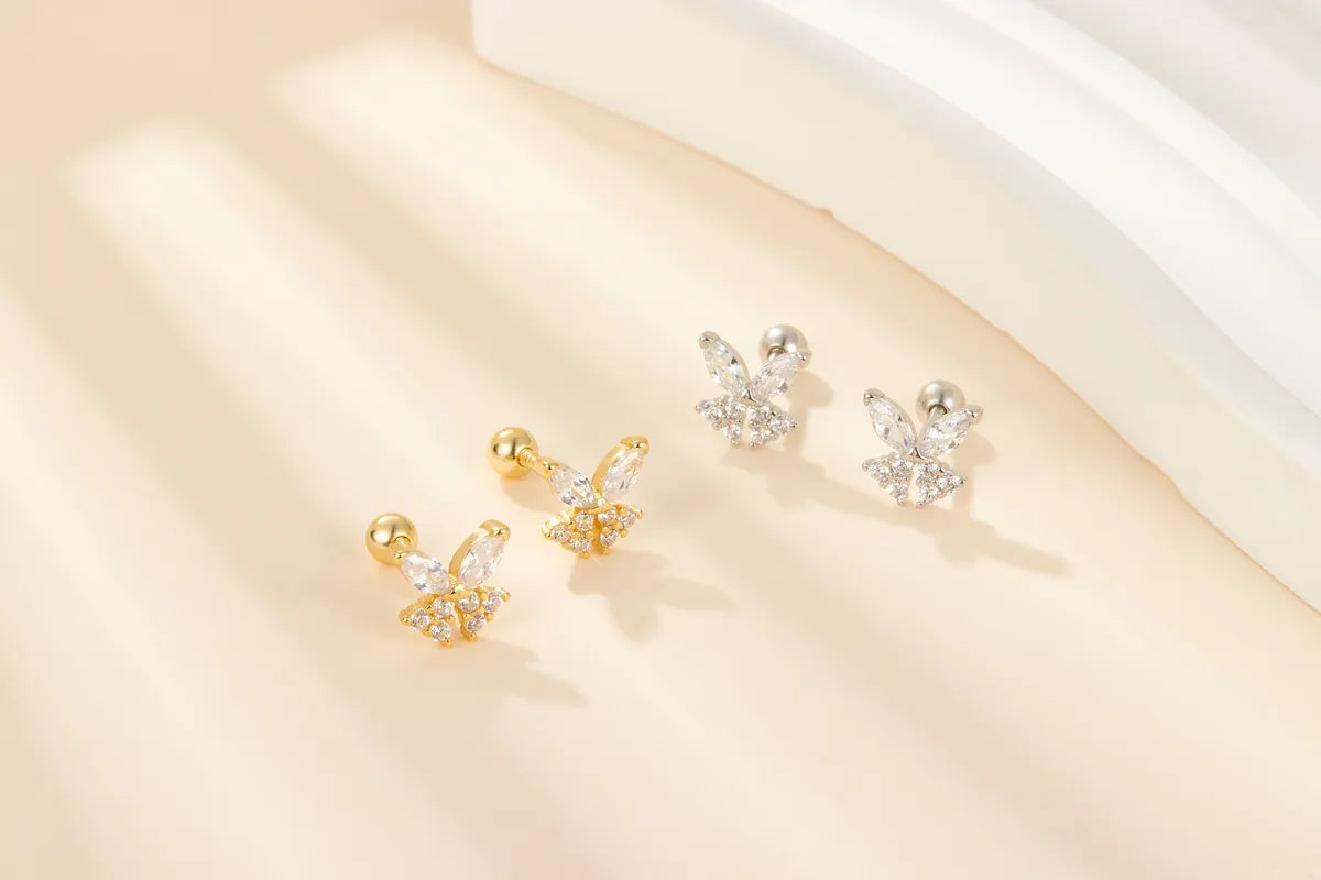 1 Pair Simple Style Shiny Korean Style Butterfly Plating Hollow Out Inlay Sterling Silver Zircon 18k Gold Plated White Gold Plated Ear Studs