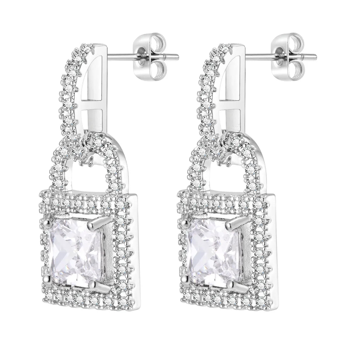 1 Pair Simple Style Shiny Lock Inlay Copper Diamond Drop Earrings