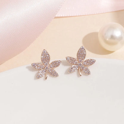 1 Pair Simple Style Shiny Maple Leaf Plating Inlay Alloy Rhinestones Ear Studs