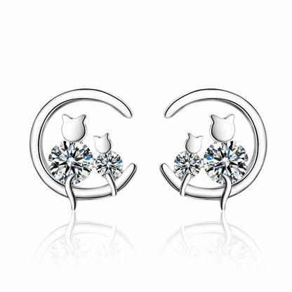 1 Pair Simple Style Shiny Moon Cat Inlay Copper Zircon Ear Studs