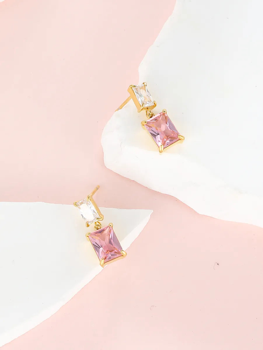 1 Pair Simple Style Shiny Rectangle Plating Inlay Stainless Steel Zircon 18k Gold Plated Drop Earrings