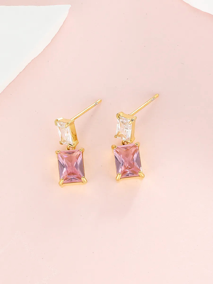 1 Pair Simple Style Shiny Rectangle Plating Inlay Stainless Steel Zircon 18k Gold Plated Drop Earrings