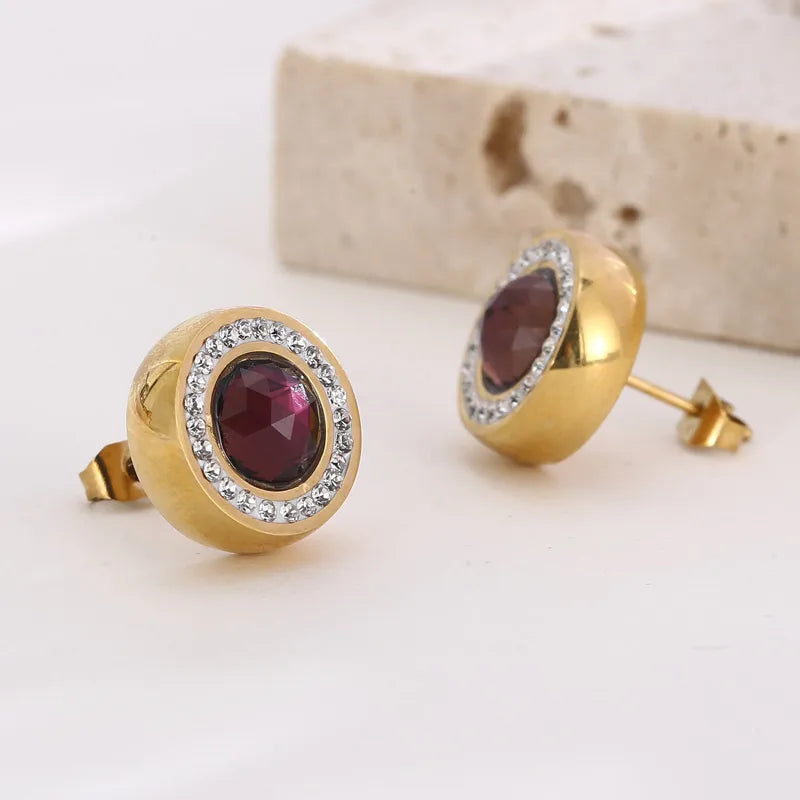 1 Pair Simple Style Shiny Round Plating Inlay Stainless Steel Artificial Crystal Zircon 18K Gold Plated Ear Studs