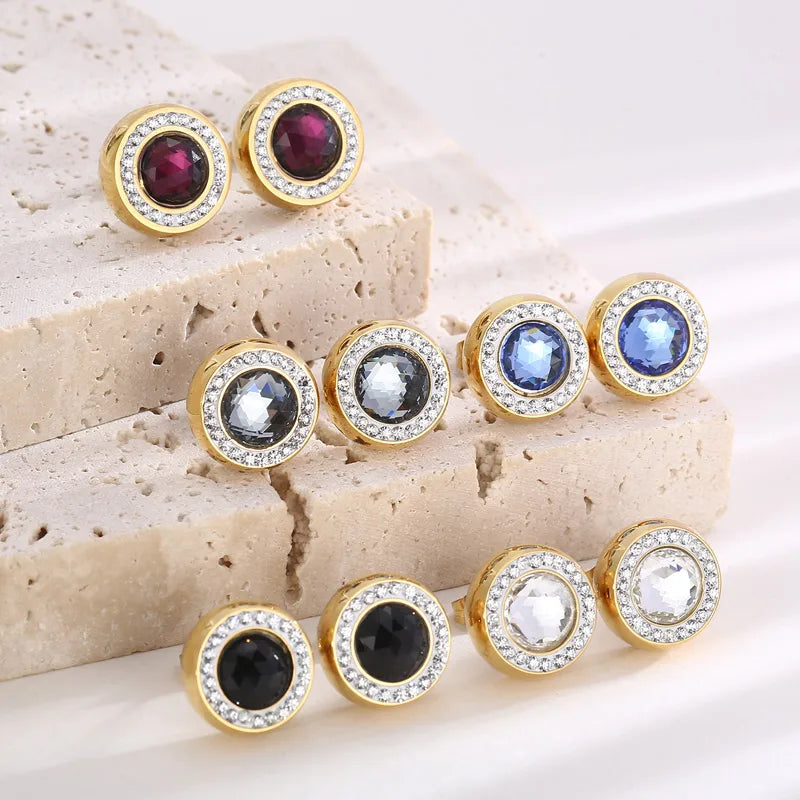 1 Pair Simple Style Shiny Round Plating Inlay Stainless Steel Artificial Crystal Zircon 18K Gold Plated Ear Studs