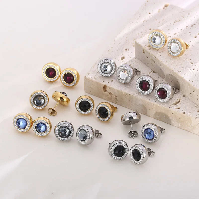 1 Pair Simple Style Shiny Round Plating Inlay Stainless Steel Artificial Crystal Zircon 18K Gold Plated Ear Studs