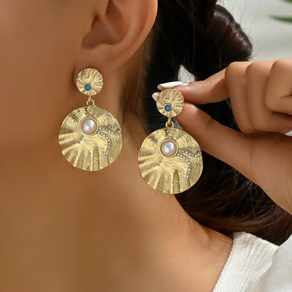 1 Pair Simple Style Shiny Round Sun Plating Inlay Alloy Zinc Rhinestones Pearl Drop Earrings