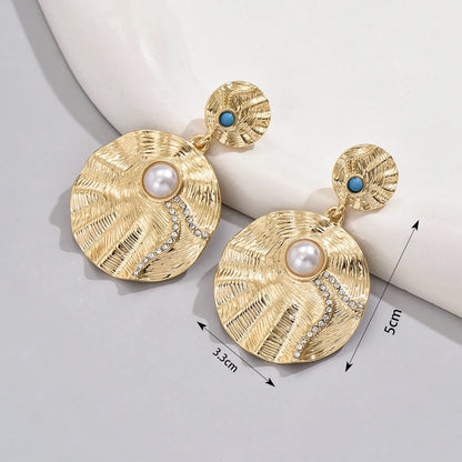 1 Pair Simple Style Shiny Round Sun Plating Inlay Alloy Zinc Rhinestones Pearl Drop Earrings