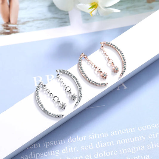 1 Pair Simple Style Shiny Star Moon Chain Inlay Copper Zircon Ear Studs