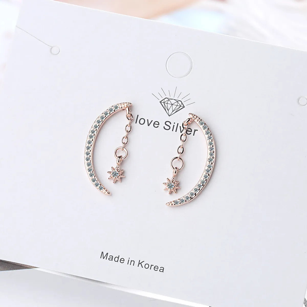 1 Pair Simple Style Shiny Star Moon Chain Inlay Copper Zircon Ear Studs