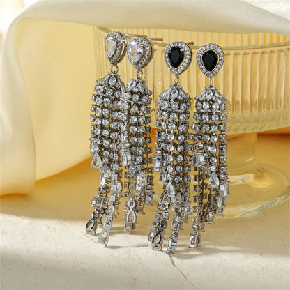 1 Pair Simple Style Shiny Tassel Inlay Copper Zircon Rhodium Plated Drop Earrings