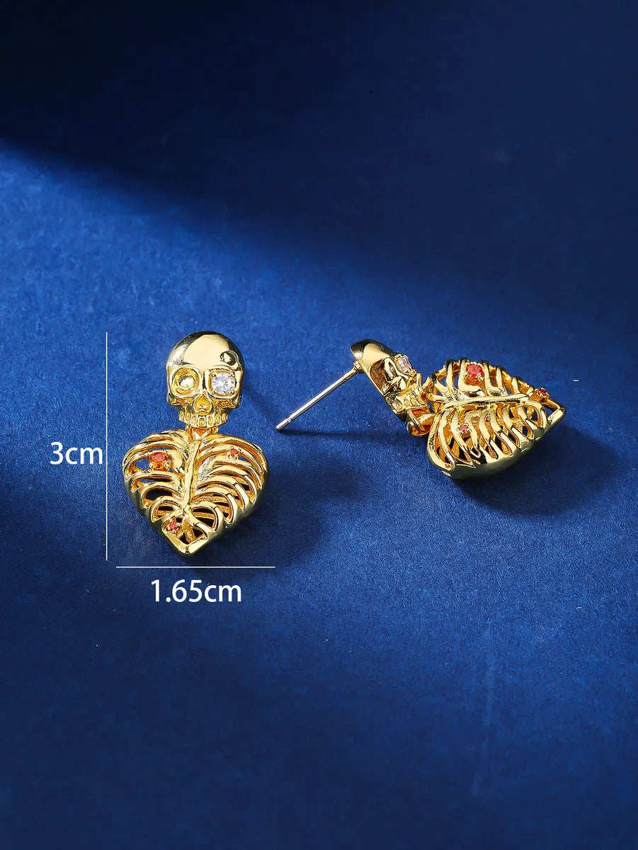 1 Pair Simple Style Skull Inlay Copper Zircon 18k Gold Plated Drop Earrings