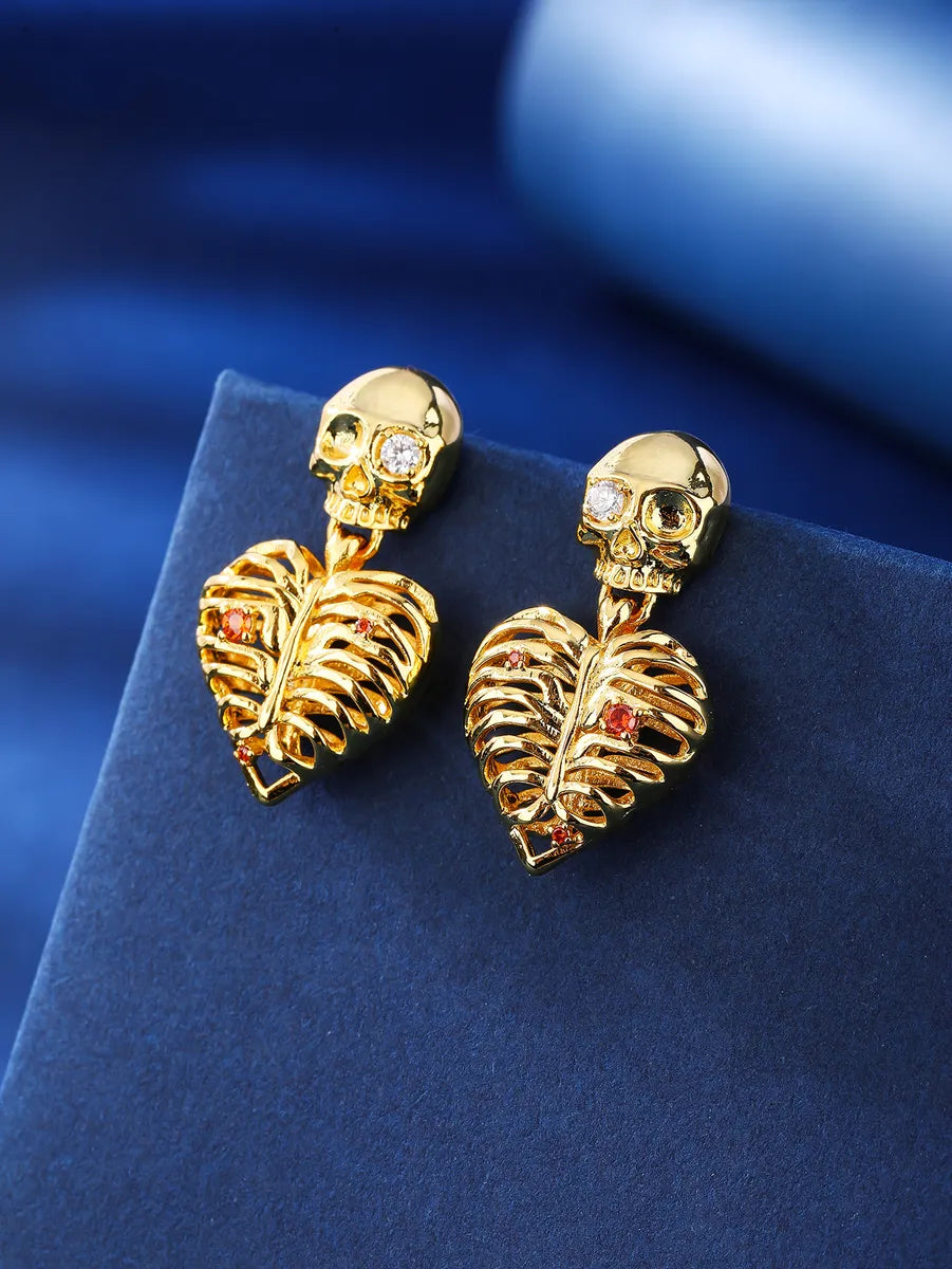 1 Pair Simple Style Skull Inlay Copper Zircon 18k Gold Plated Drop Earrings