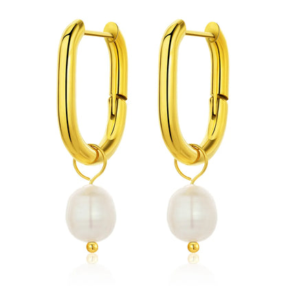 1 Pair Simple Style Solid Color Inlay Stainless Steel Rhinestones Pearl Gold Plated Drop Earrings