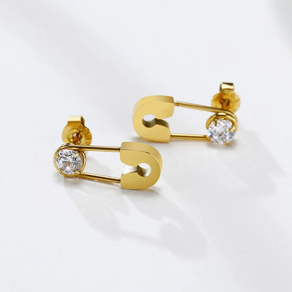 1 Pair Simple Style Solid Color Plating Inlay 201 Stainless Steel Zircon Gold Plated Earrings