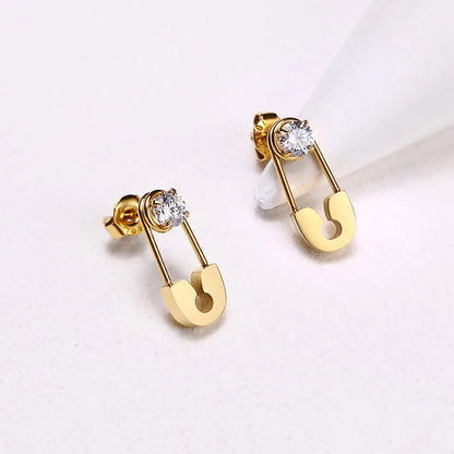 1 Pair Simple Style Solid Color Plating Inlay 201 Stainless Steel Zircon Gold Plated Earrings