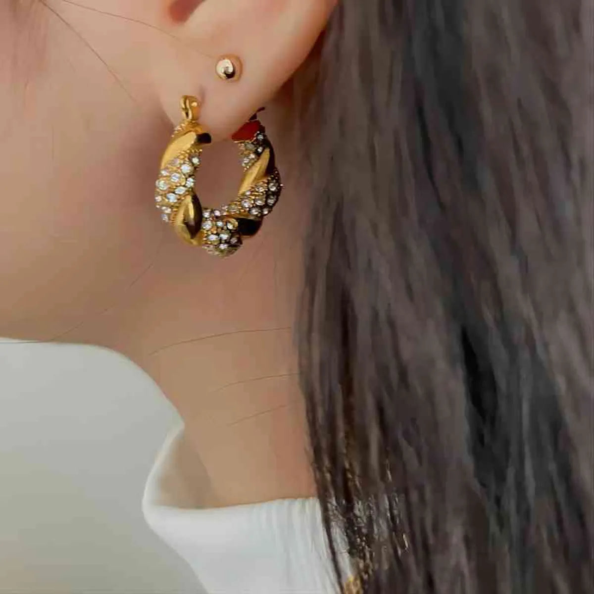 1 Pair Simple Style Solid Color Polishing Plating Inlay Stainless Steel Zircon 18k Gold Plated Earrings