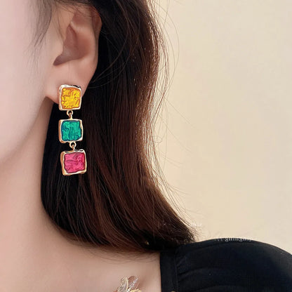 1 Pair Simple Style Square Enamel Alloy Drop Earrings