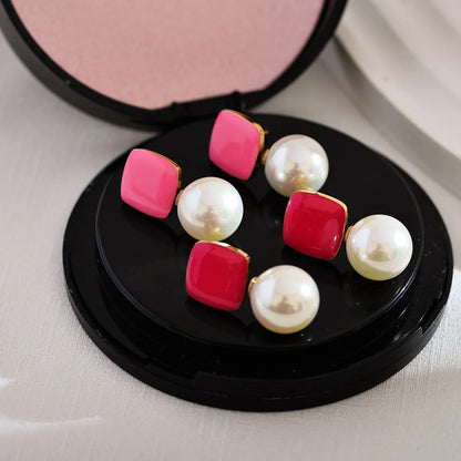 1 Pair Simple Style Square Enamel Inlay Stainless Steel Artificial Pearls Drop Earrings