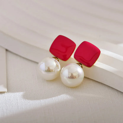 1 Pair Simple Style Square Enamel Inlay Stainless Steel Artificial Pearls Drop Earrings