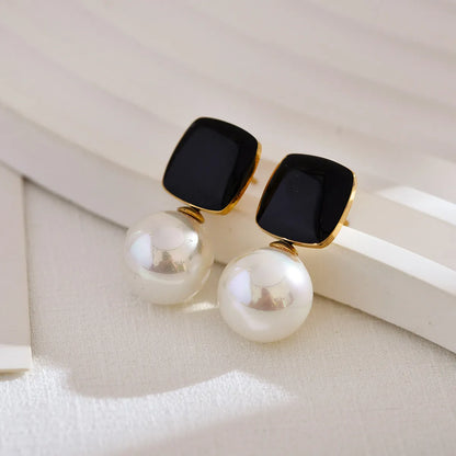 1 Pair Simple Style Square Enamel Inlay Stainless Steel Artificial Pearls Drop Earrings