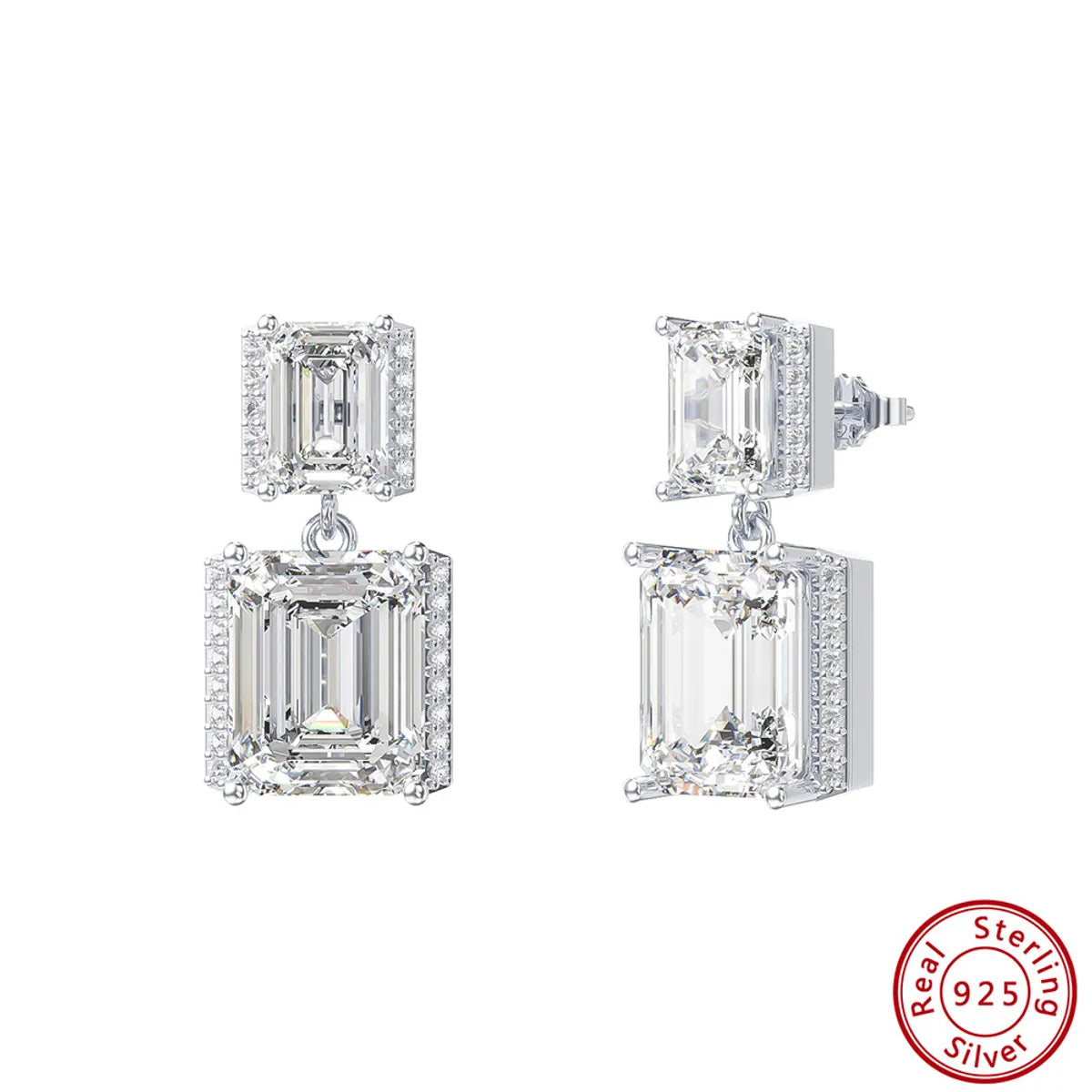 1 Pair Simple Style Square Rectangle Polishing Inlay Sterling Silver Zircon White Gold Plated Rhodium Plated Earrings