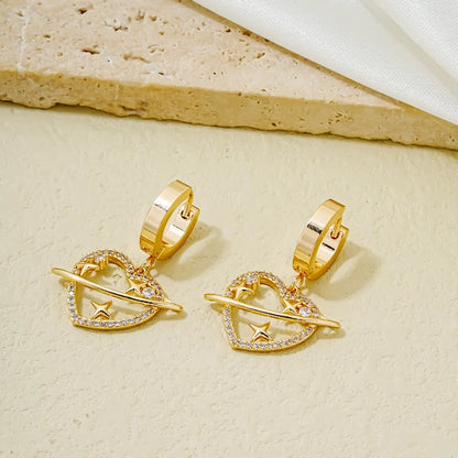 1 Pair Simple Style Star Heart Shape Plating Hollow Out Inlay Copper Zircon Gold Plated Drop Earrings