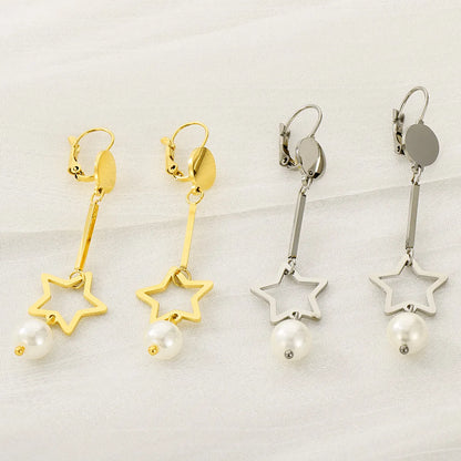 1 Pair Simple Style Star Inlay 304 Stainless Steel Pearl Drop Earrings