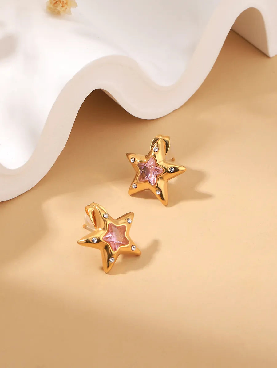 1 Pair Simple Style Star Inlay Stainless Steel Zircon 18K Gold Plated Ear Studs