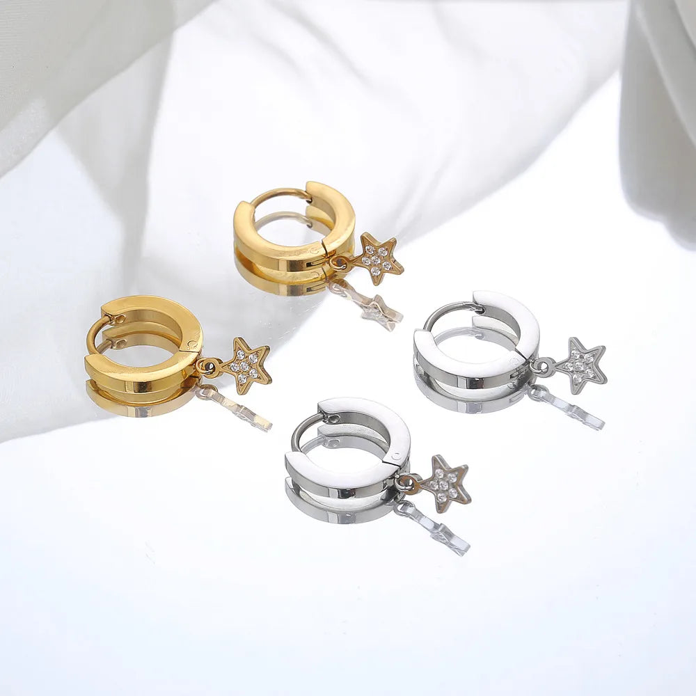 1 Pair Simple Style Star Inlay 304 Stainless Steel Zircon 18K Gold Plated Drop Earrings