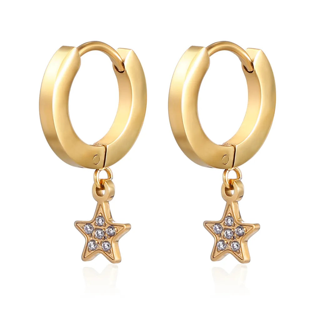 1 Pair Simple Style Star Inlay 304 Stainless Steel Zircon 18K Gold Plated Drop Earrings