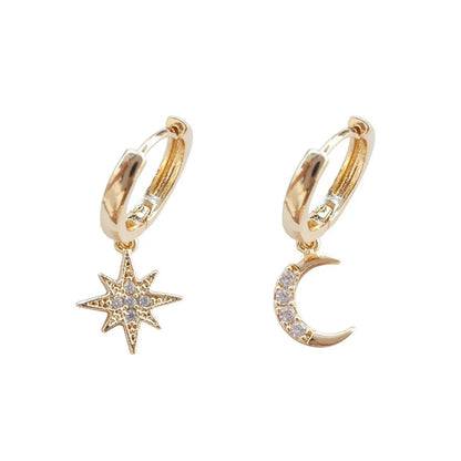 1 Pair Simple Style Star Moon Asymmetrical Plating Inlay Alloy Rhinestones Gold Plated Silver Plated Drop Earrings