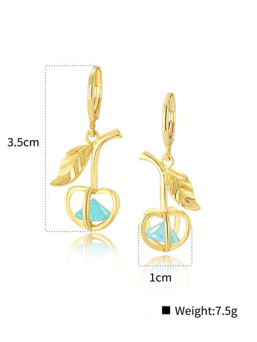 1 Pair Simple Style Star Moon Cherry Inlay Carving Copper Zircon 18K Gold Plated Drop Earrings