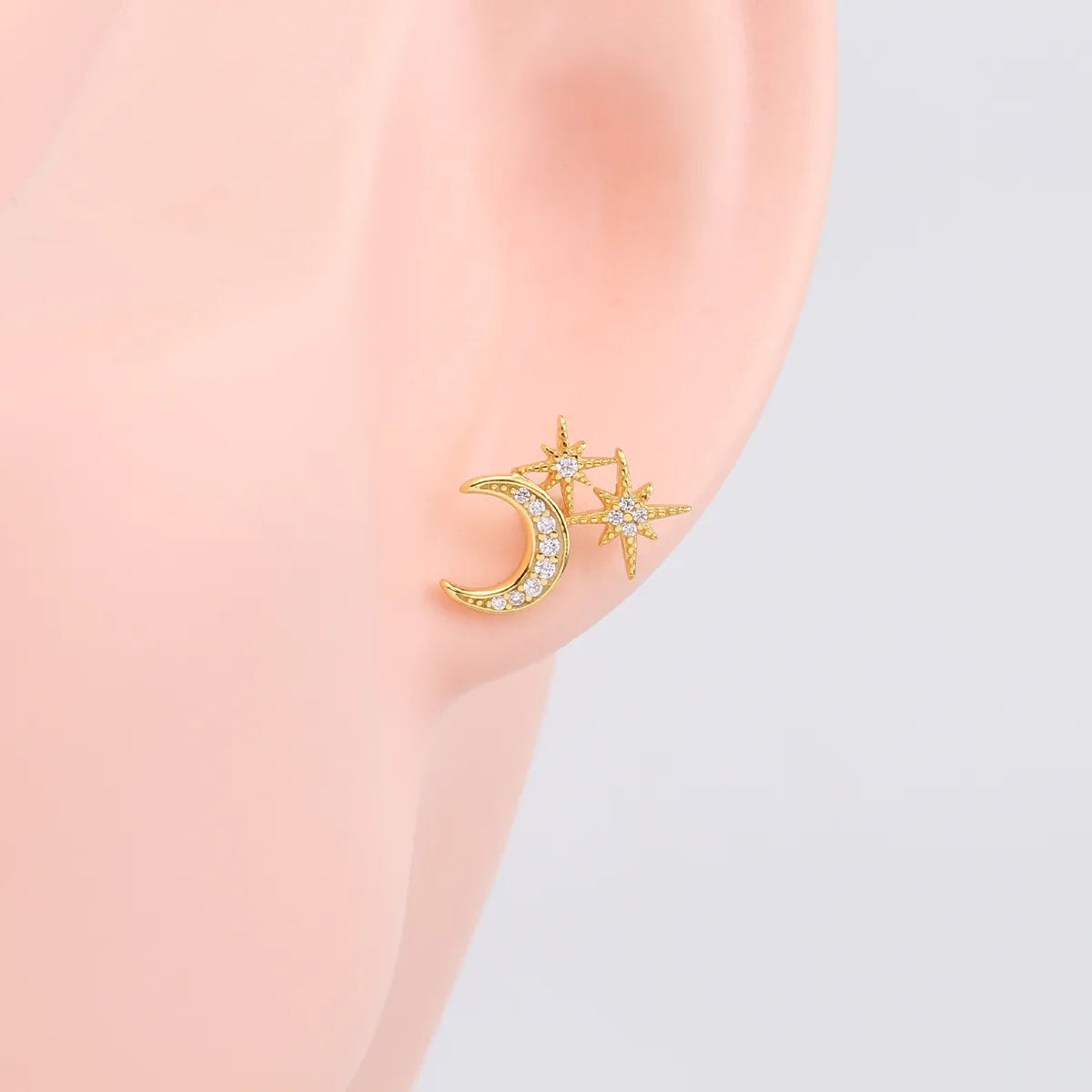 1 Pair Simple Style Star Moon Inlay Sterling Silver Zircon Ear Studs