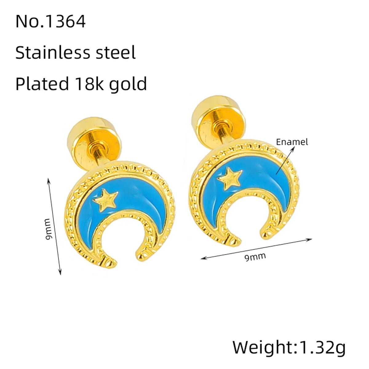 1 Pair Simple Style Star Moon Polishing Plating Stainless Steel Titanium Steel 18K Gold Plated Ear Studs