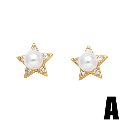 1 Pair Simple Style Star Petal Bee Plating Inlay Copper Zircon 18k Gold Plated Ear Studs