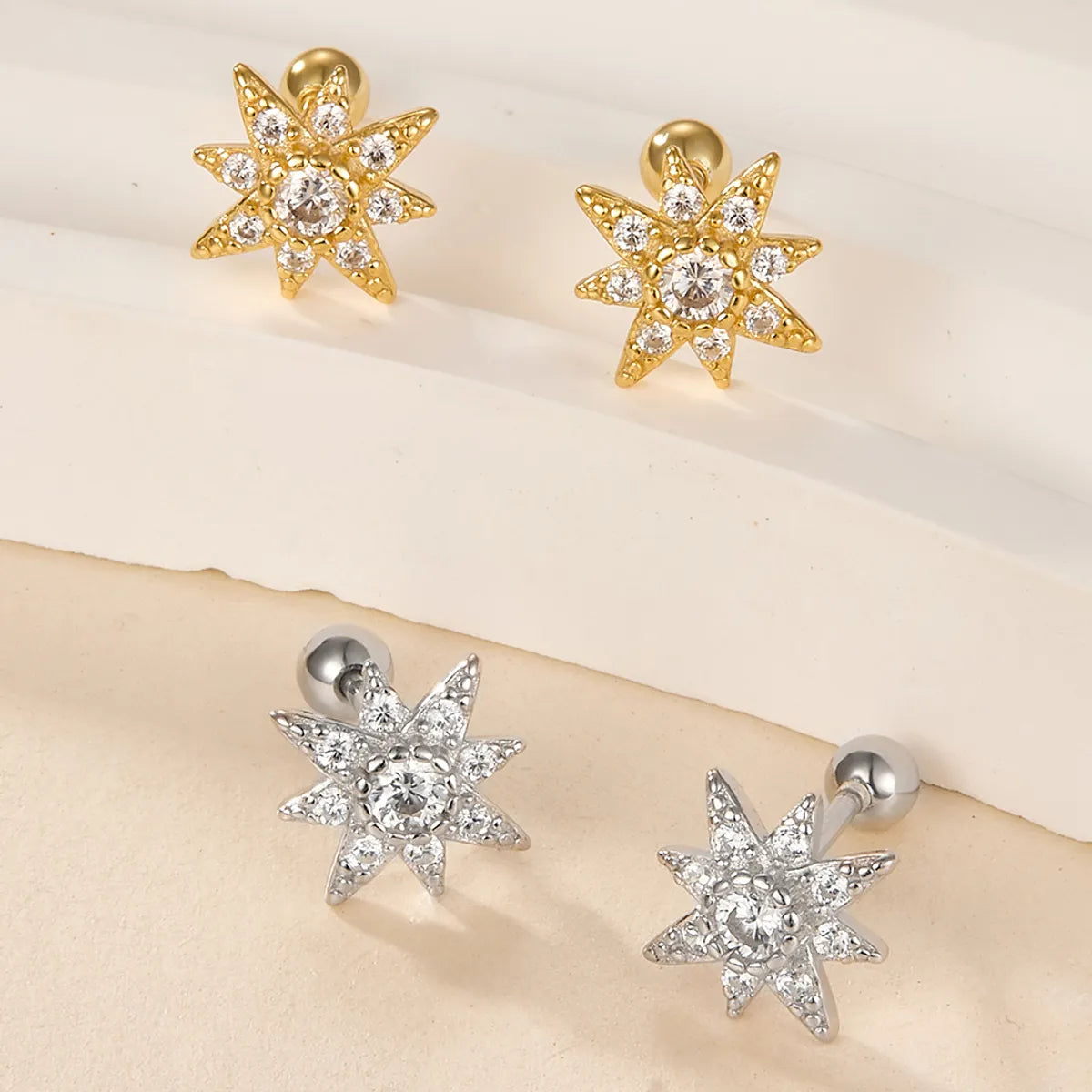 1 Pair Simple Style Star Plating Inlay Sterling Silver Zircon 18k Gold Plated White Gold Plated Ear Studs