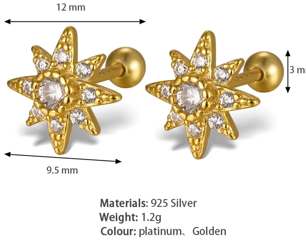 1 Pair Simple Style Star Plating Inlay Sterling Silver Zircon 18k Gold Plated White Gold Plated Ear Studs