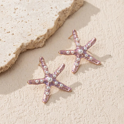 1 Pair Simple Style Starfish Alloy Inlay Pearl Women's Earrings