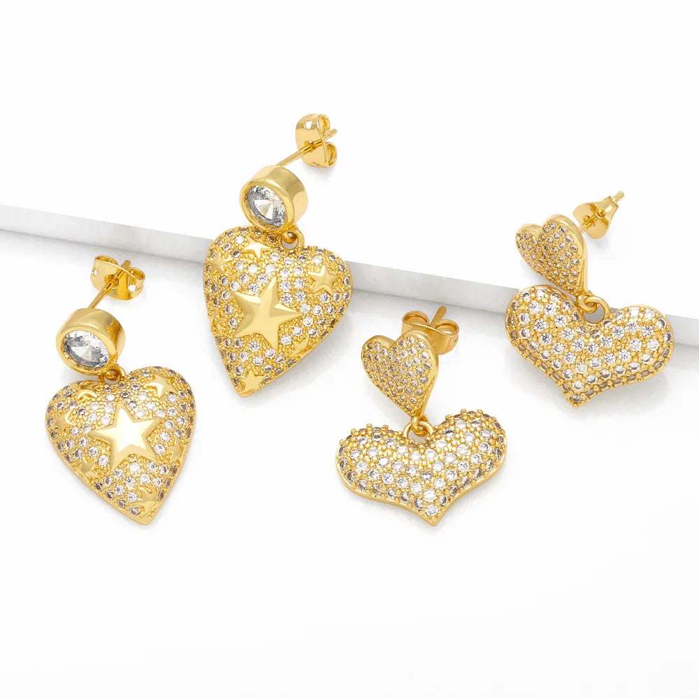 1 Pair Simple Style Streetwear Heart Shape Plating Inlay Copper Zircon 18k Gold Plated Drop Earrings