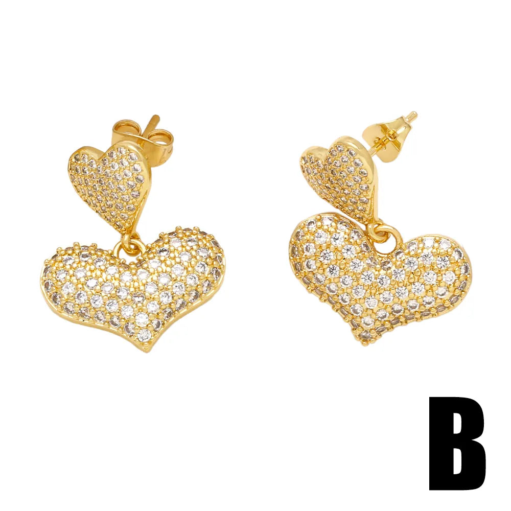 1 Pair Simple Style Streetwear Heart Shape Plating Inlay Copper Zircon 18k Gold Plated Drop Earrings